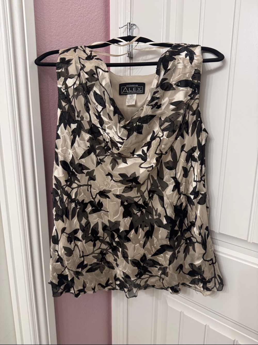 Alex Evenings Champagne and Black Floral Overlay Cowl Neck Blouse